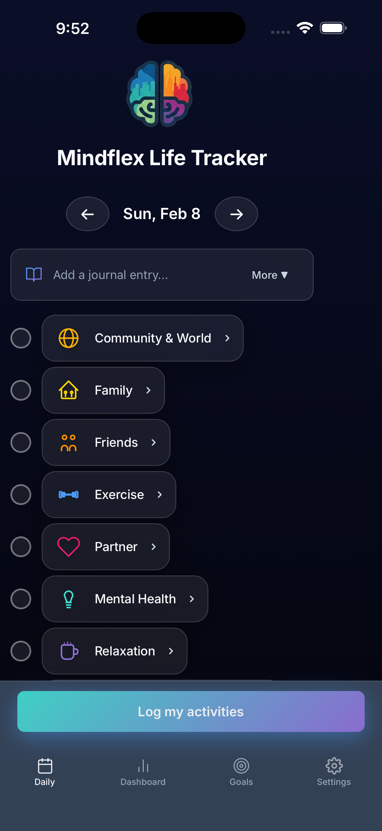 Mindflex Life Tracker app screenshot
